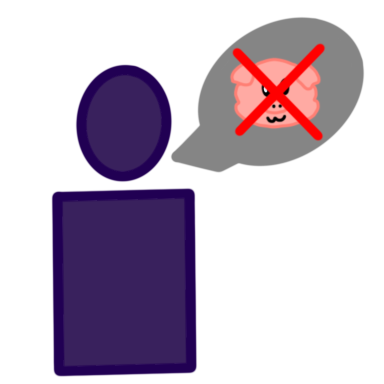  A simplistic drawing of a purple person the person has a grey speech bubble next to the. In the speech bubble is a drawing of a pigs face with a large ‘X’ over it 